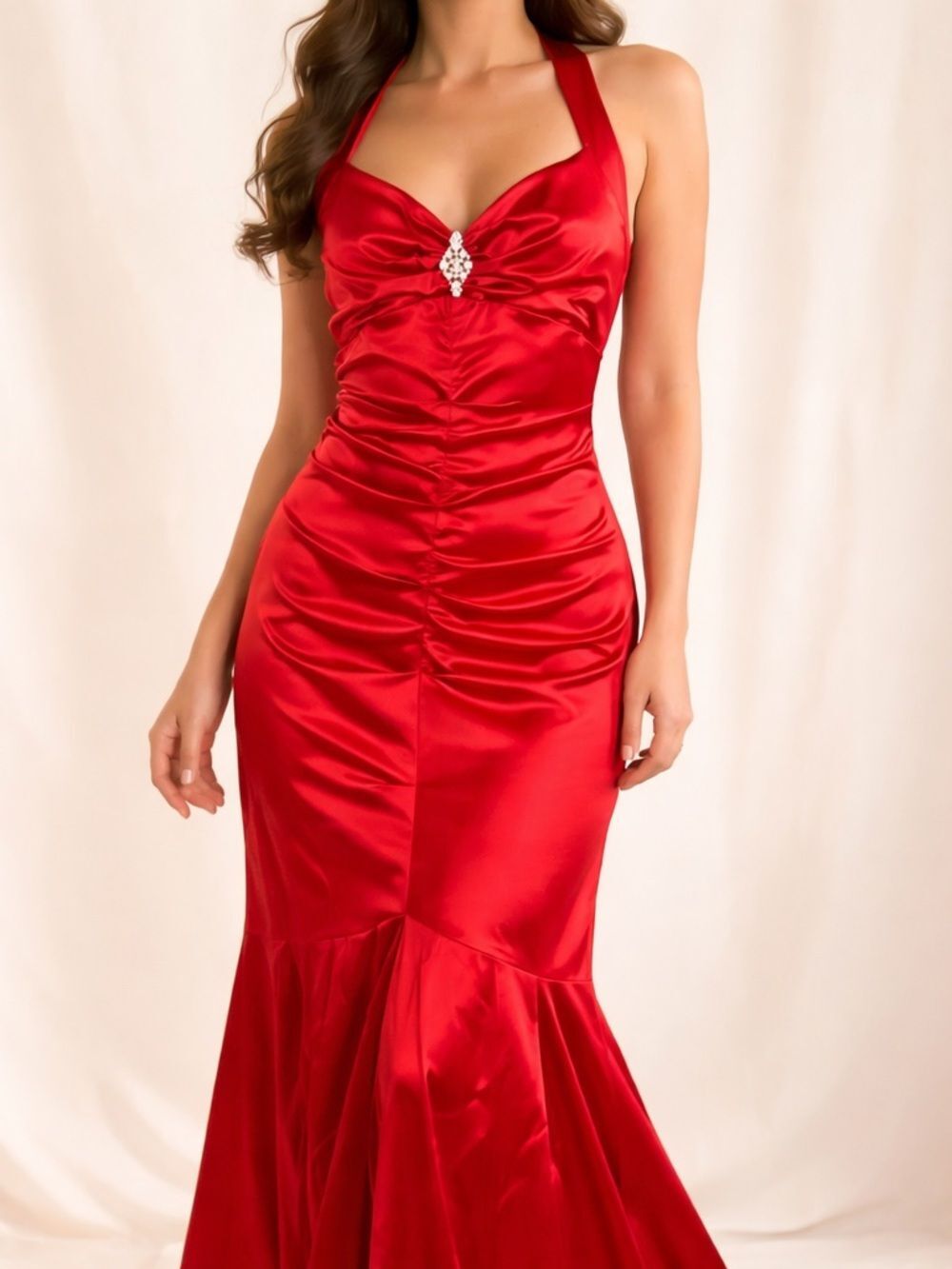 Juliet Fashion Womens XL Red Satin Halter Gown Formal Prom Fit Flare Dress